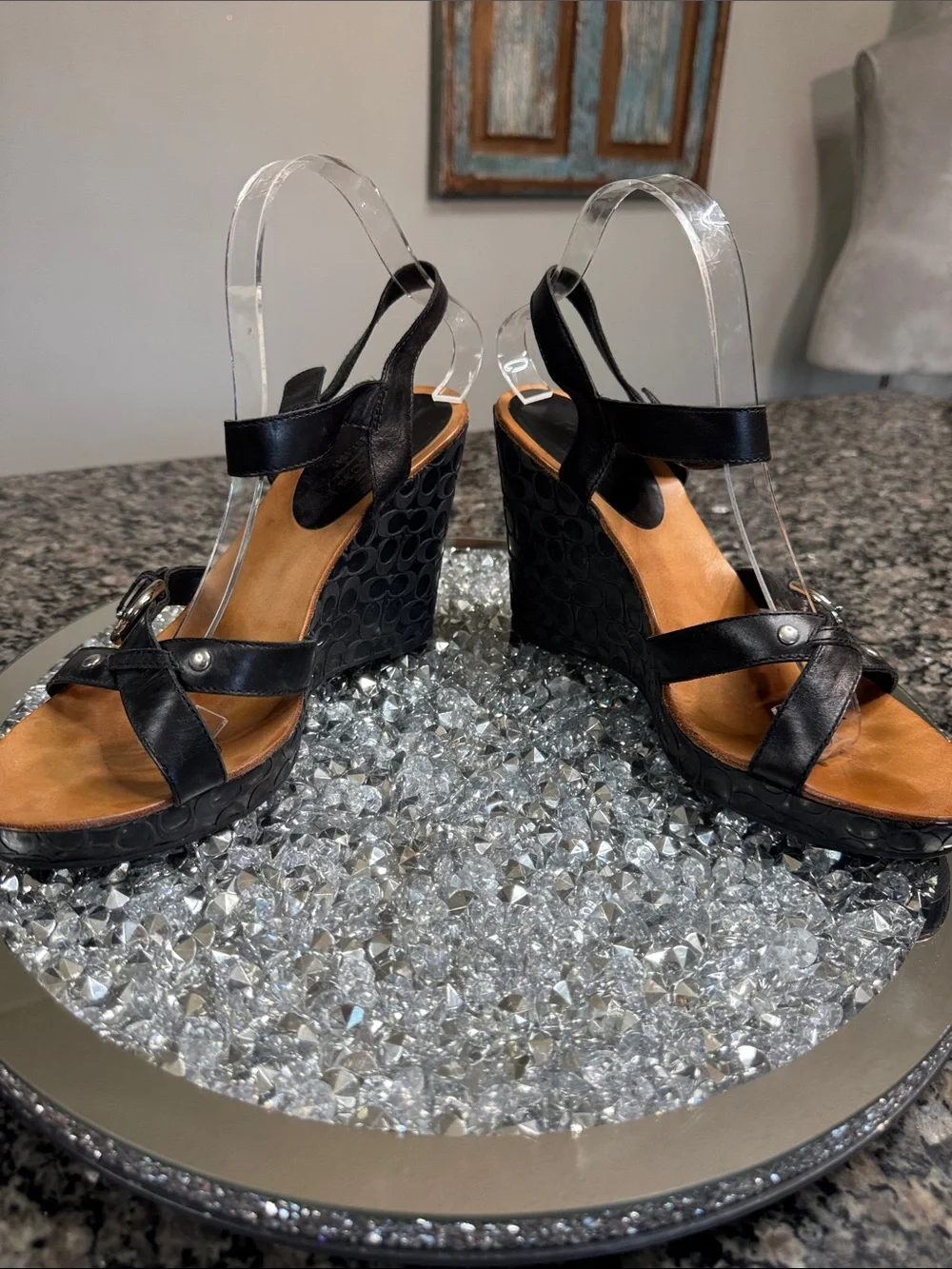 Coach Elize leather Black Logo-Embossed Wedge Sandals with Buckle Detail